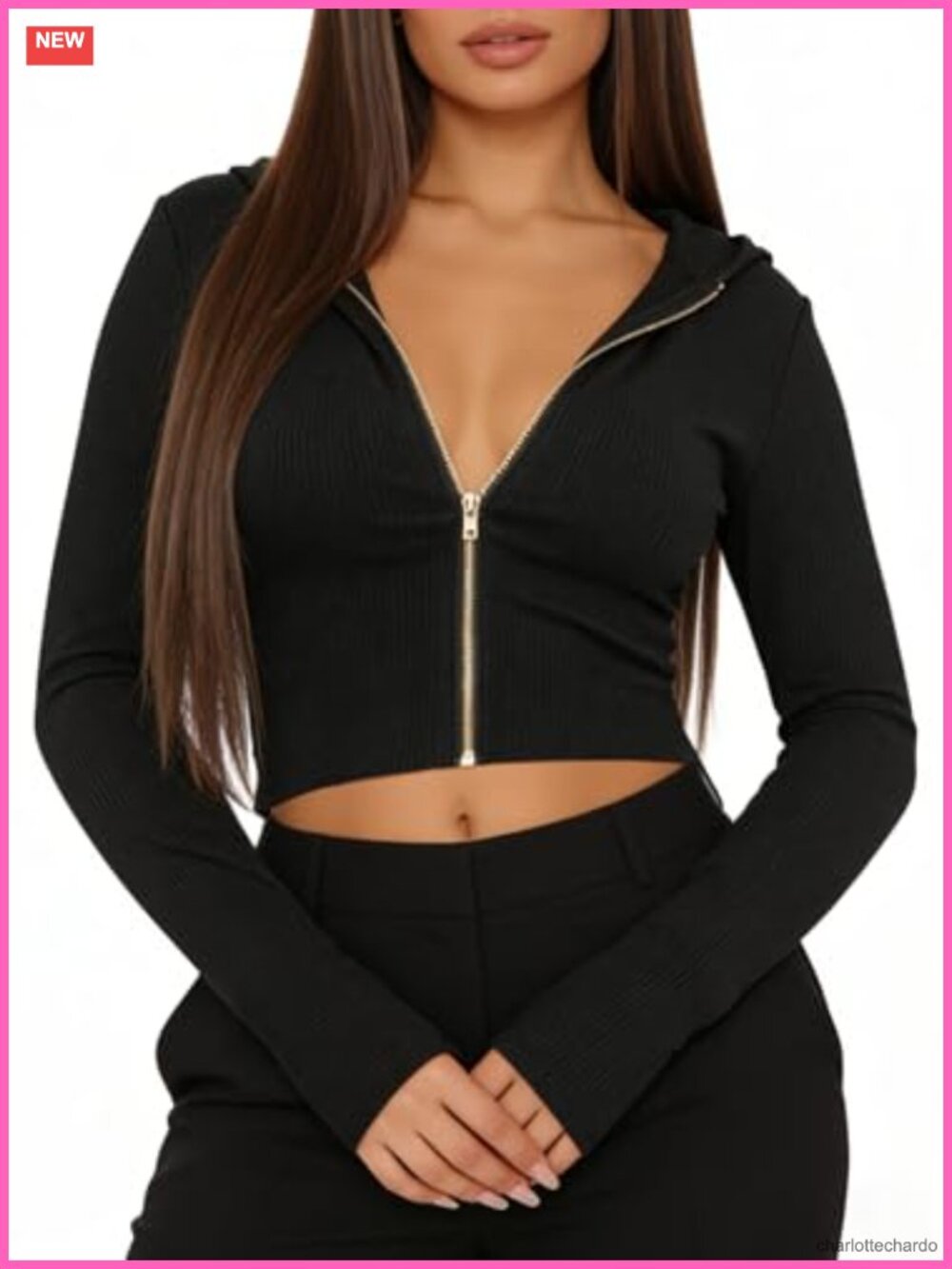 Cropped Zip Up Ribbed Knit Hoodie Women Fashion Sweatshirt